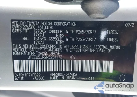 2022 Toyota 4Runner Sr5 из США, поврежденный, VIN JTEEU5JR2N5254173